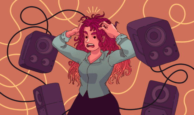 woman pulling at her hair in frustration as she is surrounded by audio speakers flying through the air