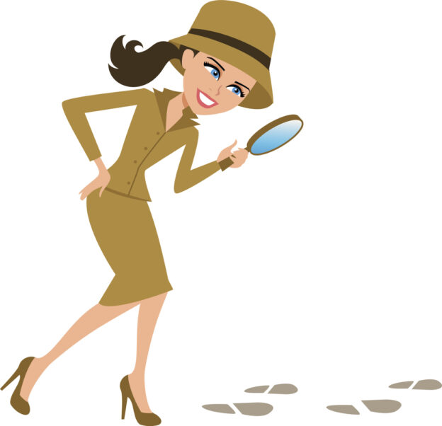 Illustration of a woman wearing detective hat and high heels, holding a magnifying lens on her hand and looking at footprints on the floor.